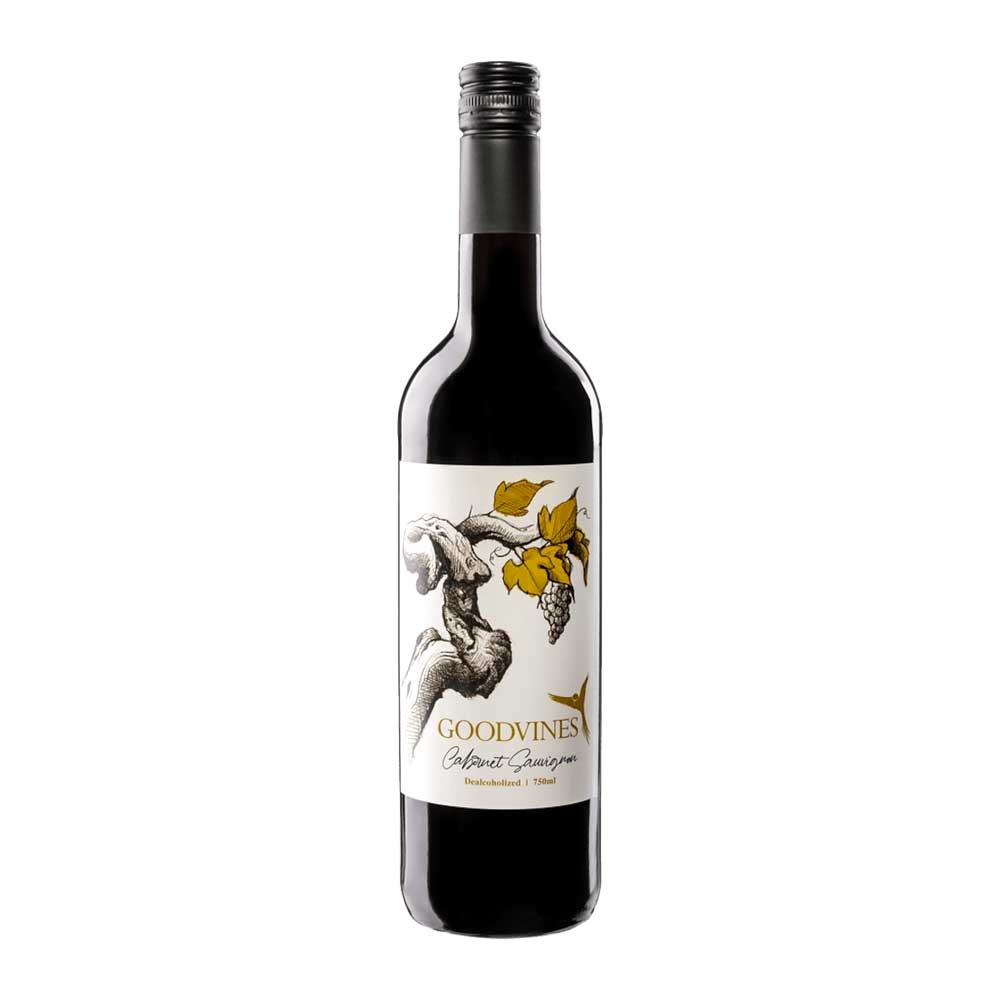 Botella de vino tinto sin alcohol Goodvines Cabernet Sauvignon.