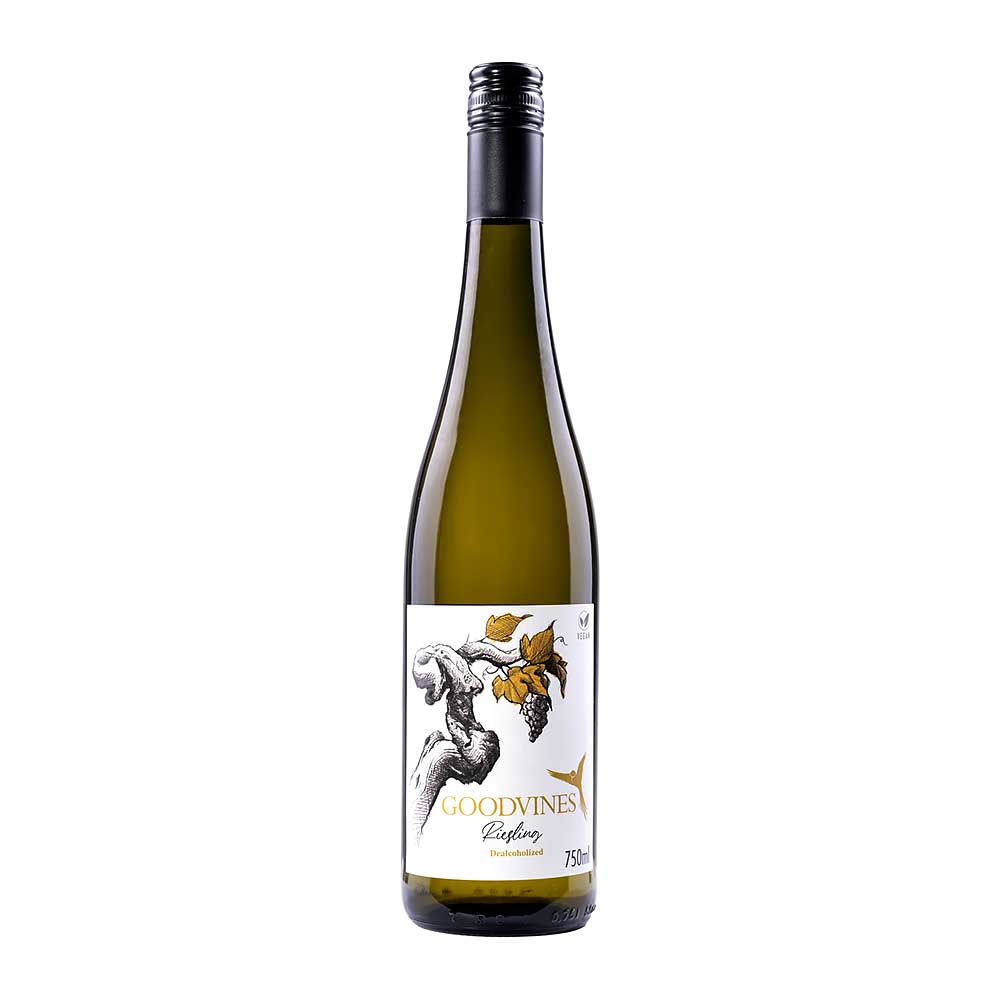 Botella de vino blanco sin alcohol Goodvines Riesling de 750ml con tapa de rosca negra.