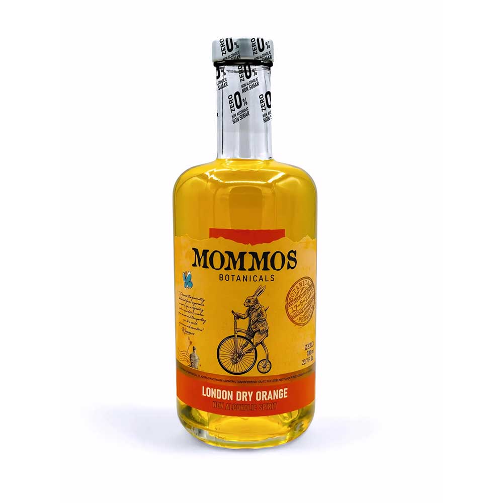 Botella de ginebra MOMMOS London Dry sabor naranja.
