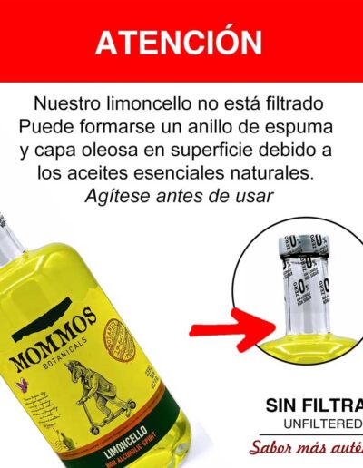 Limoncello sin alcohol MOMMOS y aviso de no filtrado.