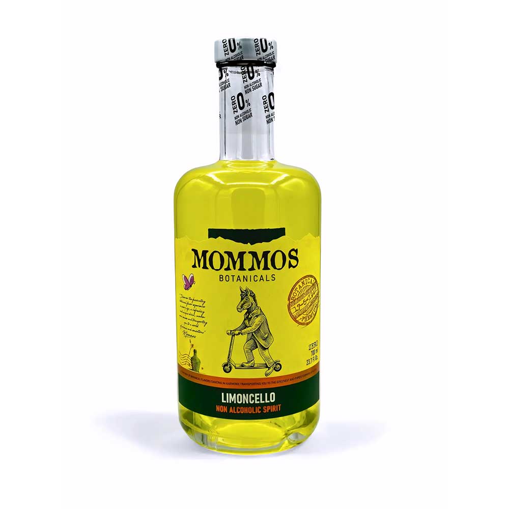 Botella de licor sin alcohol MOMMOS Limoncello color amarillo.