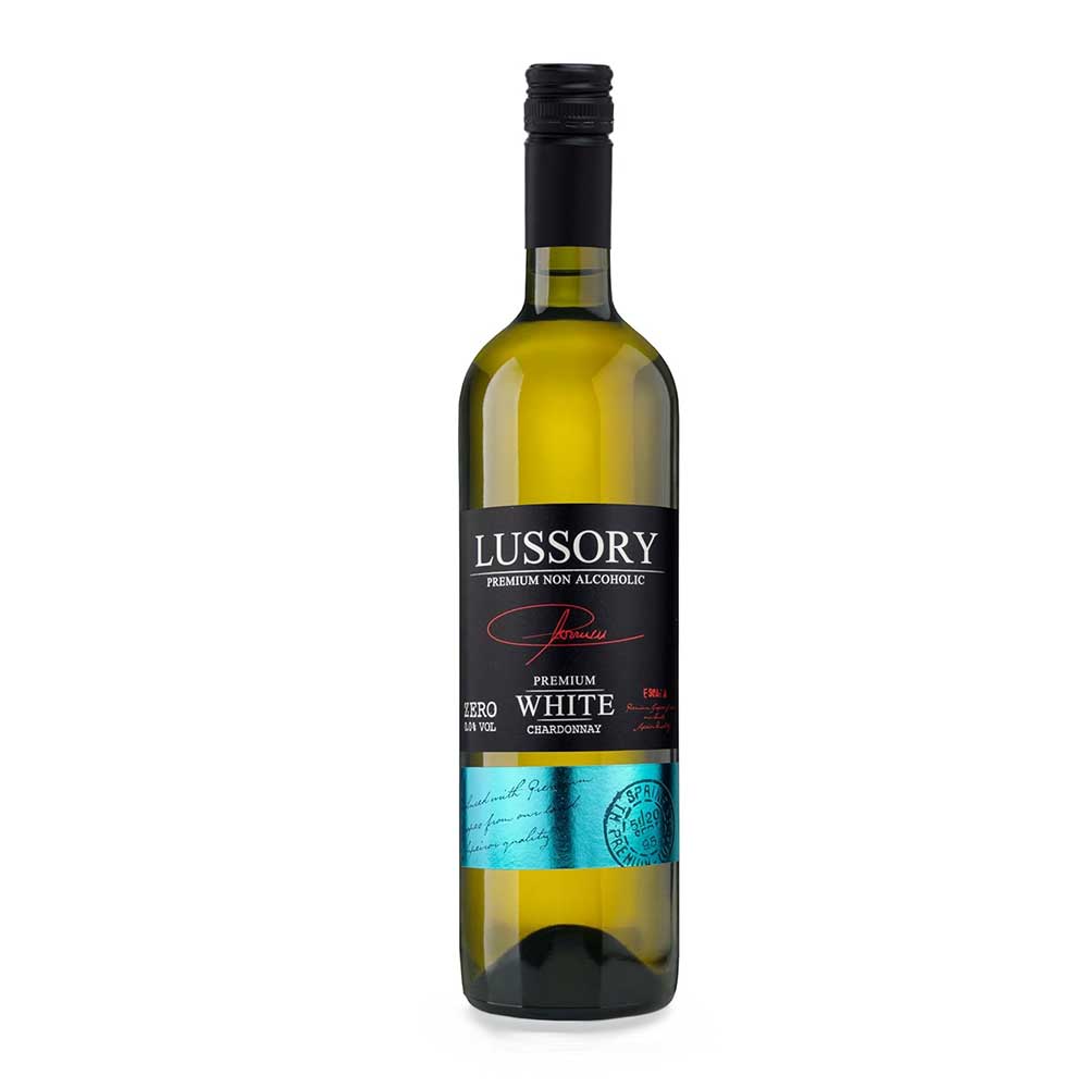 Botella de vino blanco sin alcohol Lussory Premium White Chardonnay.