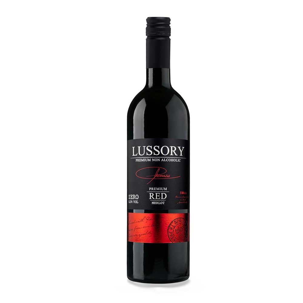 Botella de vino tinto sin alcohol Lussory Premium Red Merlot.