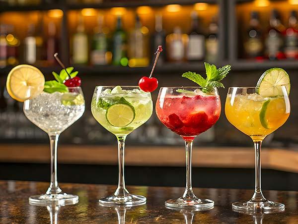 Cócteles coloridos con frutas y menta.