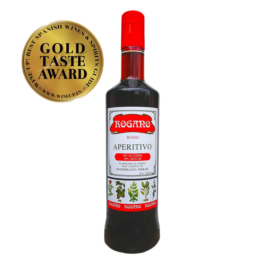 Botella de vermut rojo sin azúcar y sin alcohol, de la marca Rogano.