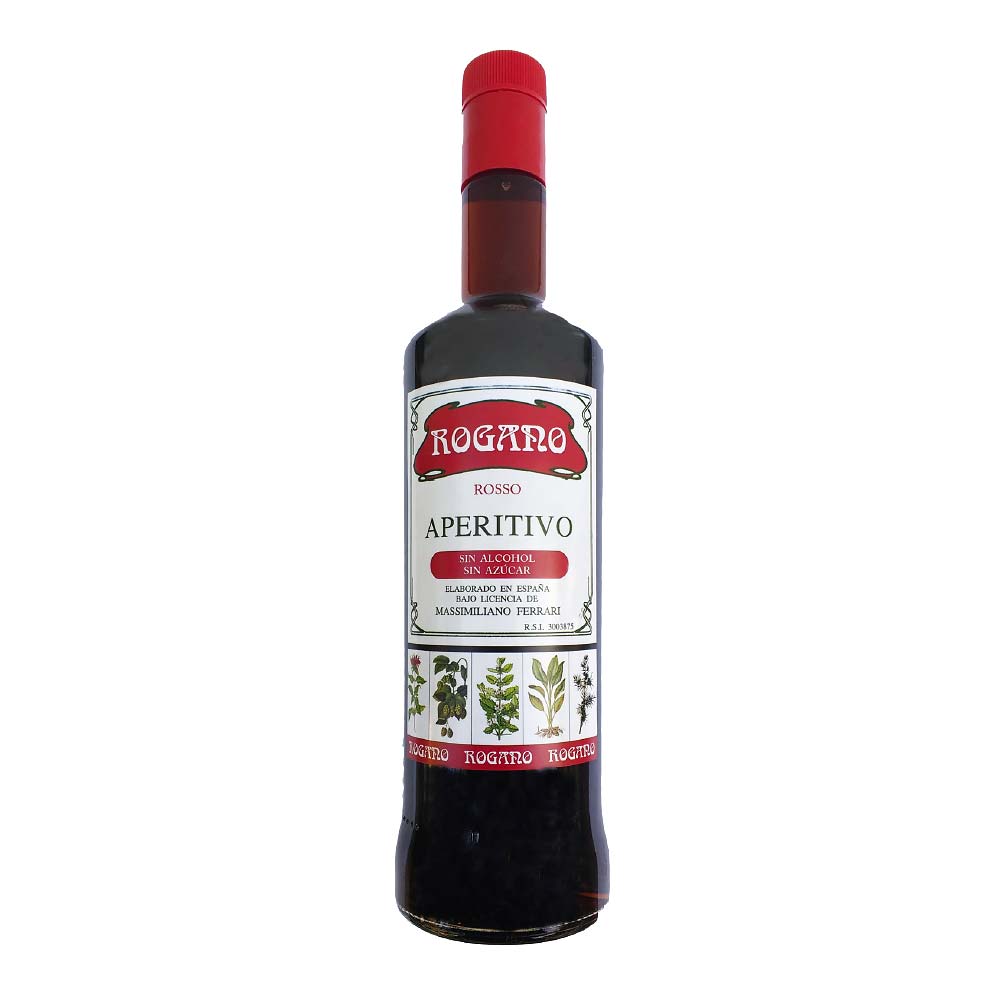 Botella de vermut rojo sin azúcar y sin alcohol, de la marca Rogano.