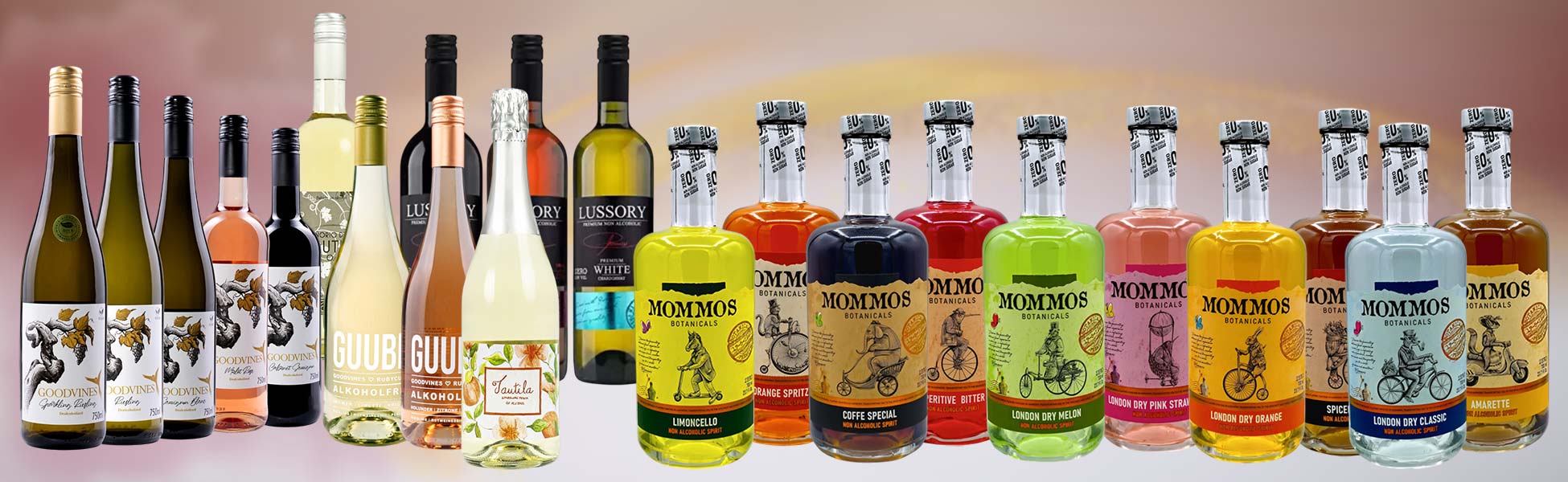 Selección de bebidas y vinos sin alcohol de bodega sin alcohol.