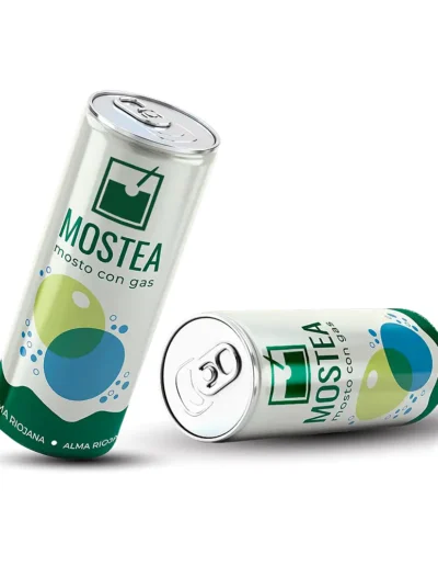 Latas de MOSTEA mosto con gas de uva.